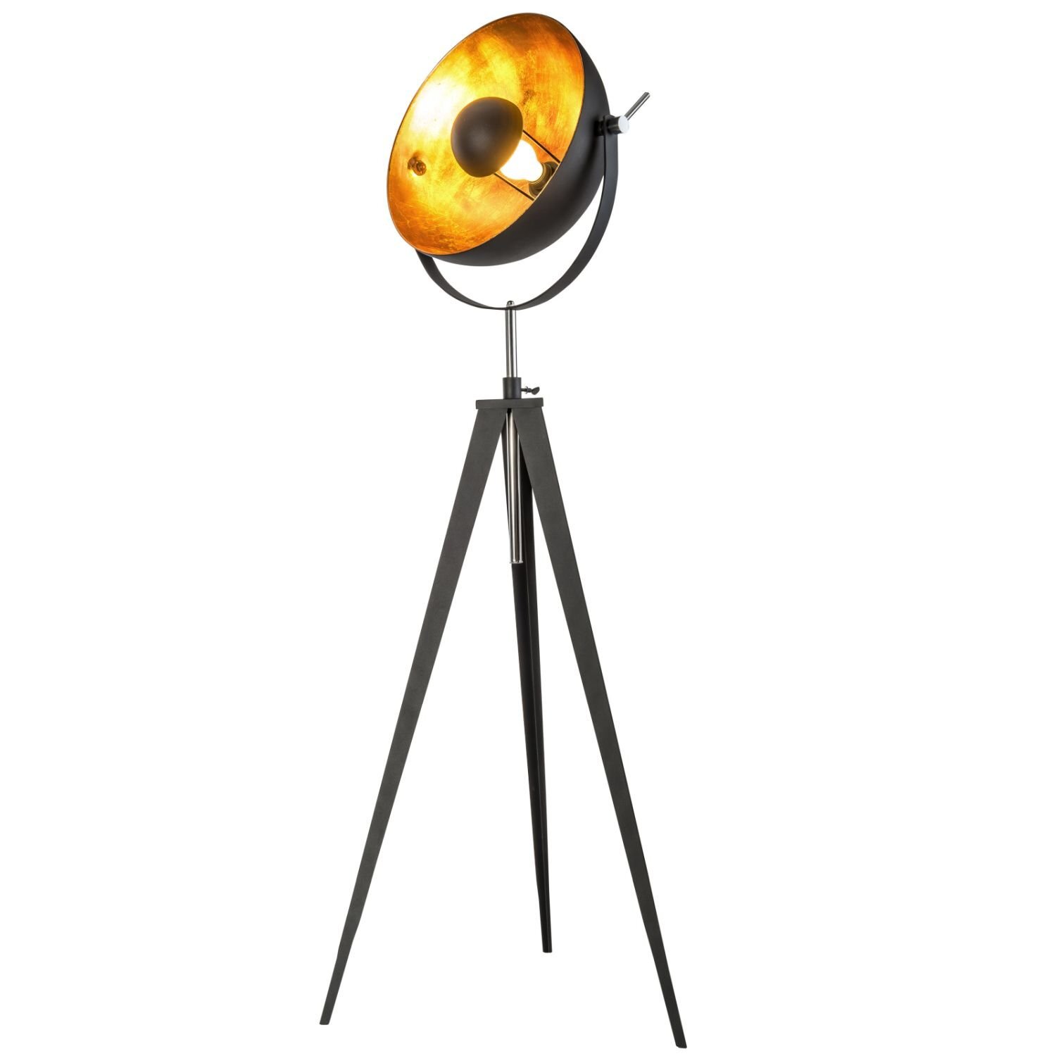 Lampa podłogowa na trójnogu z dużym, okrągłym kloszem w kolorze czarnym z zewnątrz i złotym wewnątrz. Klosz jest zamocowany na regulowanym uchwycie.