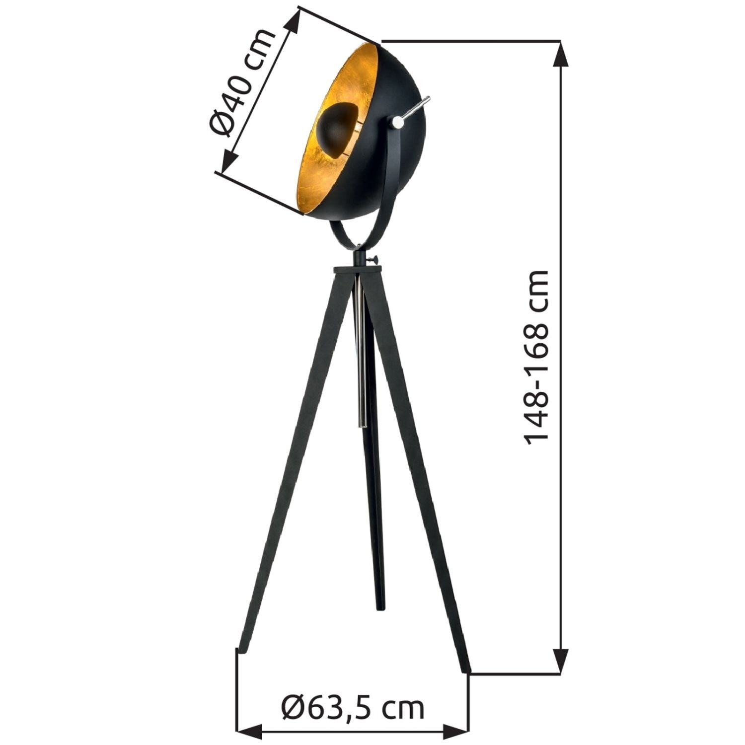 Lampa podłogowa na trójnogu z czarnym kloszem o złotym wnętrzu. Wymiary: średnica klosza 40 cm, wysokość regulowana od 148 do 168 cm, średnica podstawy 63,5 cm.