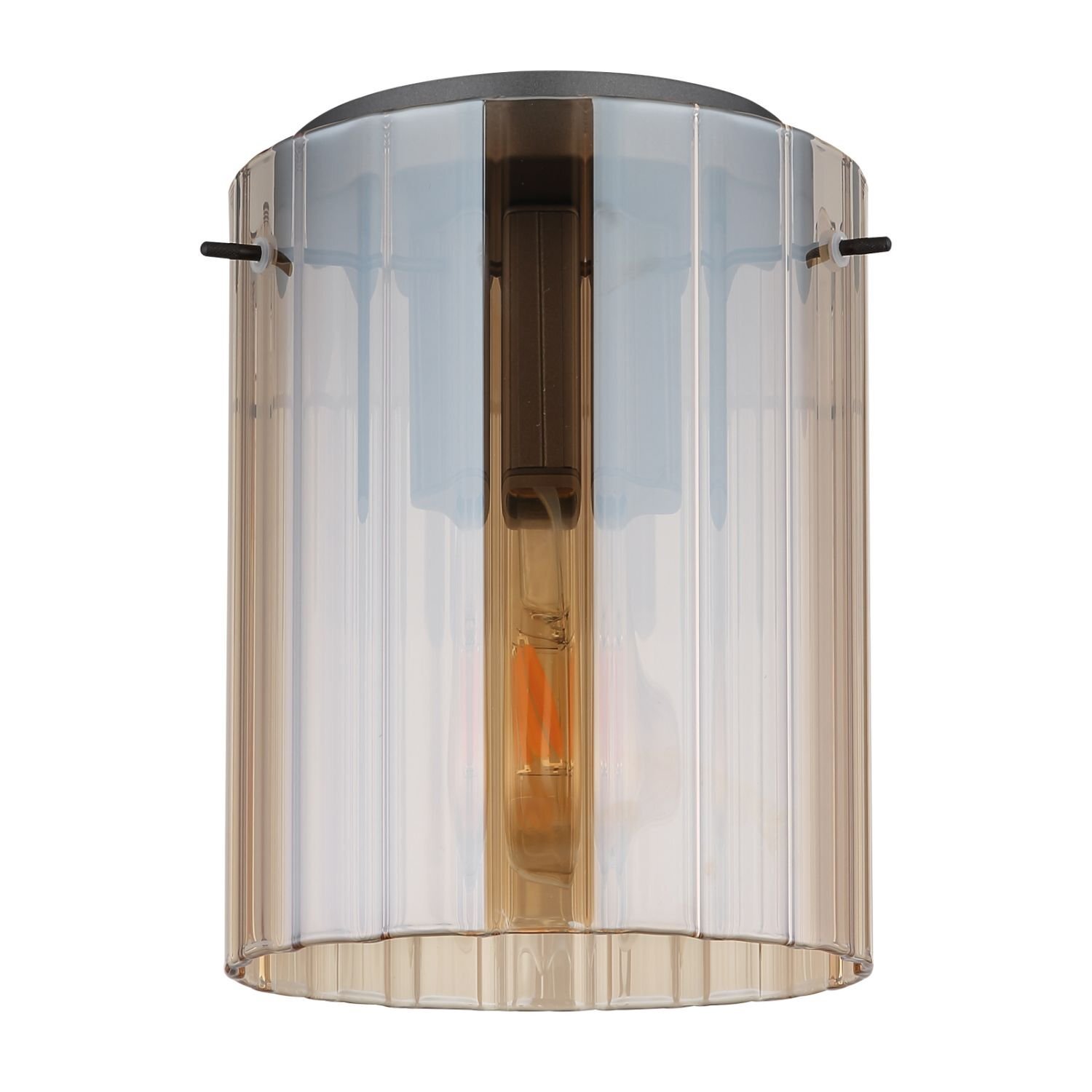 Lampa sufitowa z ryflowanym kloszem w kolorze bursztynowym, z widocznym elementem mocującym wewnątrz. Klosz ma cylindryczny kształt i przezroczystą strukturę.