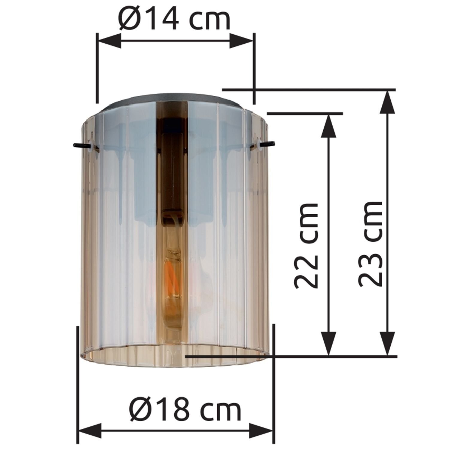 Lampa sufitowa z ryflowanym kloszem, o wymiarach: średnica 14 cm, wysokość 22 cm, całkowita wysokość 23 cm, średnica klosza 18 cm. Wewnątrz widoczna żarówka.