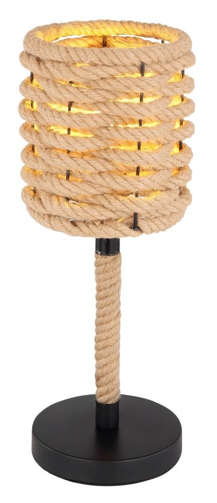 Lampa stołowa z czarną matową podstawą i abażurem wykonanym z liny konopnej, emitująca ciepłe światło.