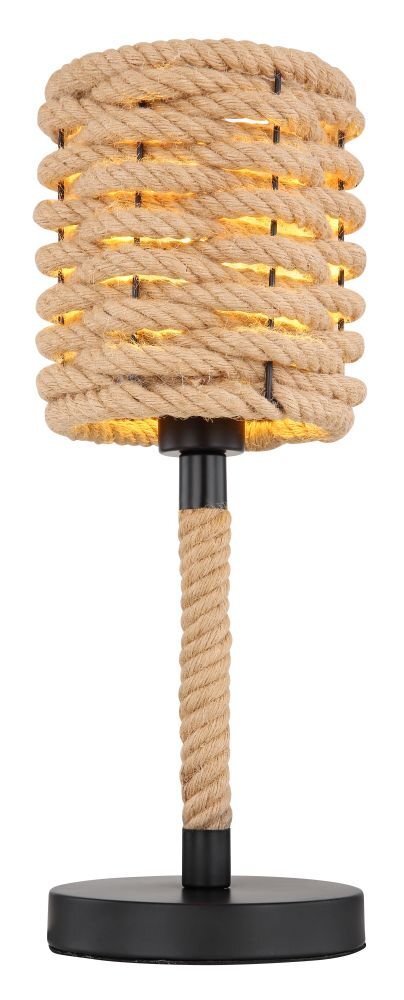 Lampa stołowa z czarną matową podstawą i abażurem owiniętym liną konopną. Światło przenika przez przestrzenie między zwojami liny.