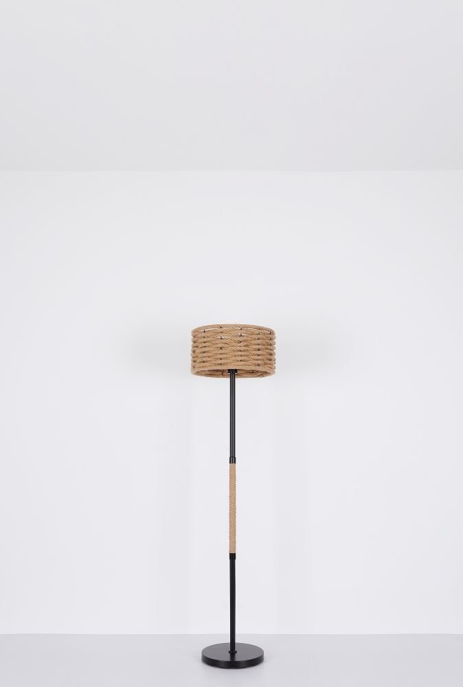 Lampa stołowa z czarną matową podstawą i abażurem z liny konopnej, umieszczona na białym tle.