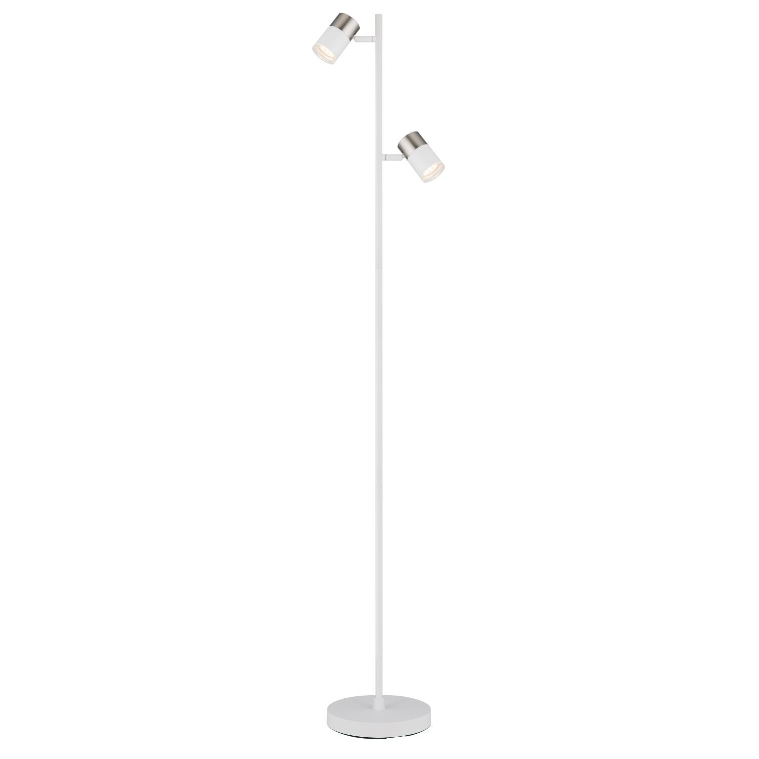 Lampa podłogowa z dwoma reflektorkami na białym, smukłym stojaku z okrągłą podstawą. Reflektorki mają srebrne wykończenie na końcach.