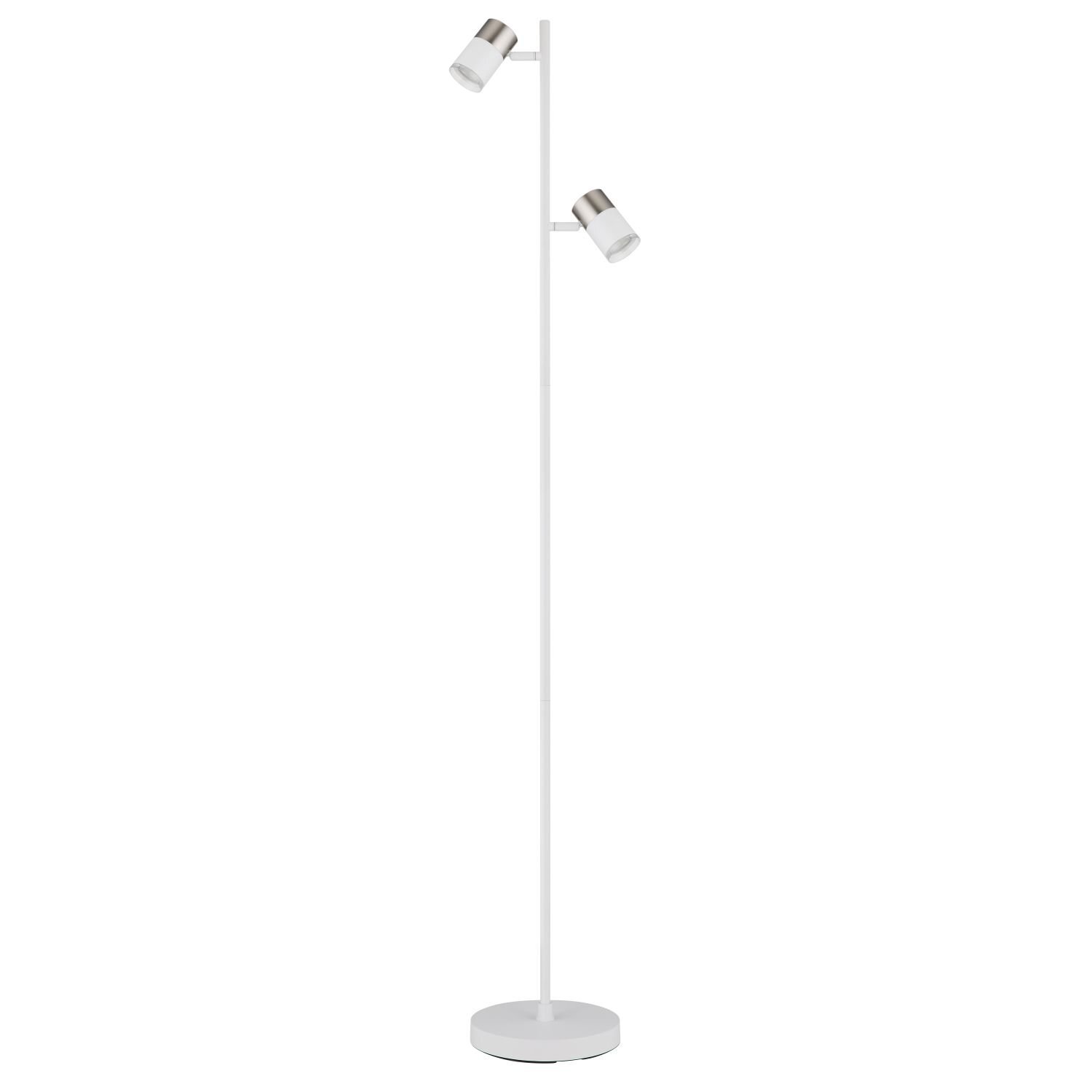 Lampa podłogowa z dwoma reflektorkami na białym, smukłym stojaku z okrągłą podstawą. Reflektorki mają srebrne wykończenie na końcach.