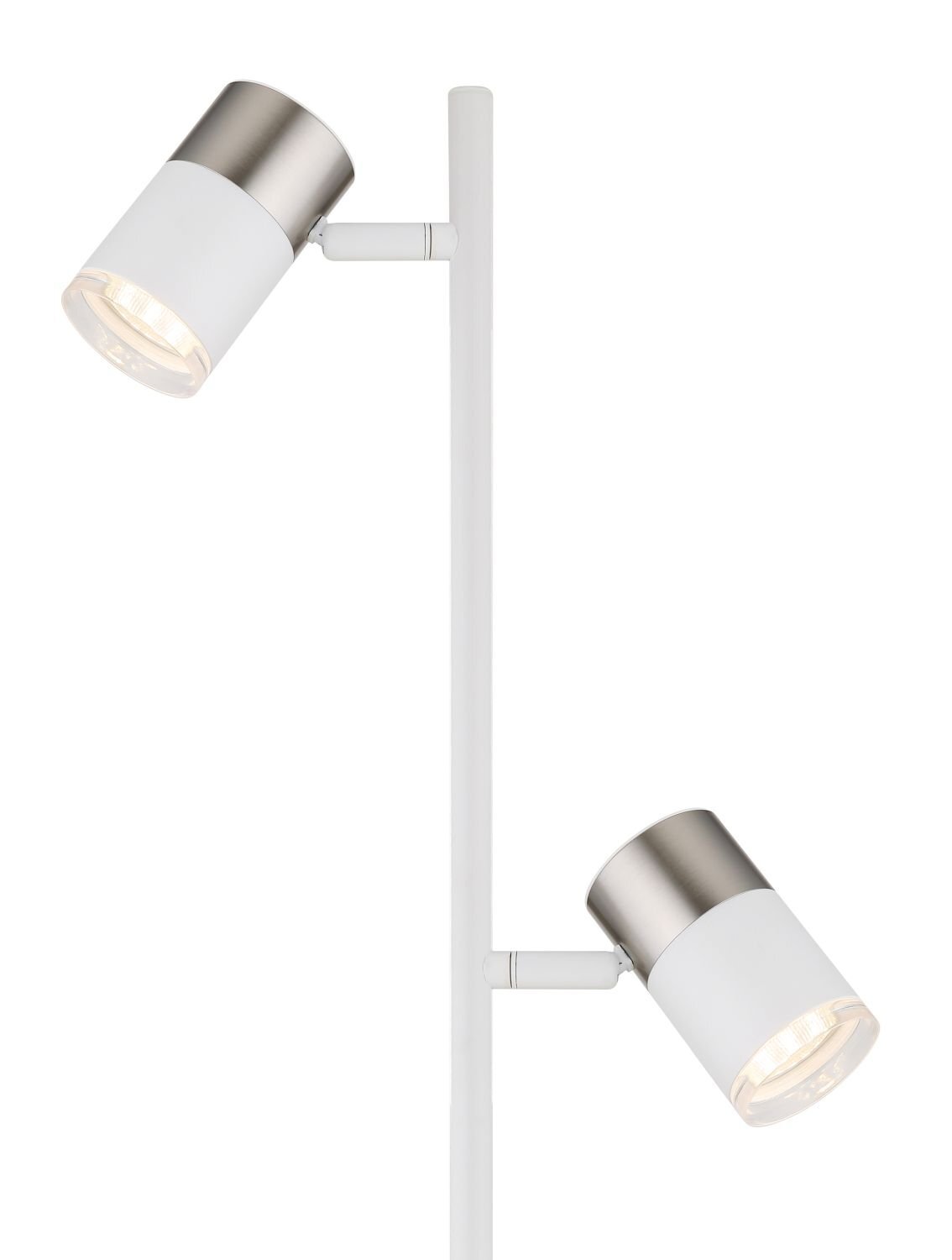 Lampa podłogowa z reflektorkami o nowoczesnym designie, z dwoma cylindrycznymi kloszami w kolorze białym i metalicznym. Klosze są zamocowane na pionowym, białym stelażu.