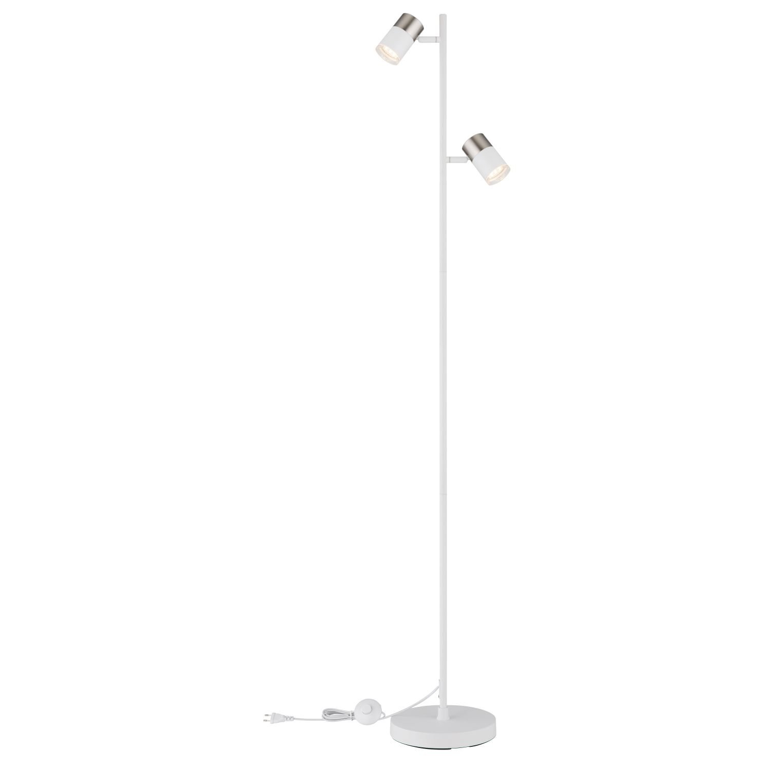 Lampa podłogowa z reflektorkami, posiada dwa regulowane źródła światła na smukłym, białym stojaku. Podstawa jest okrągła, a lampa wyposażona jest w przewód z wtyczką.