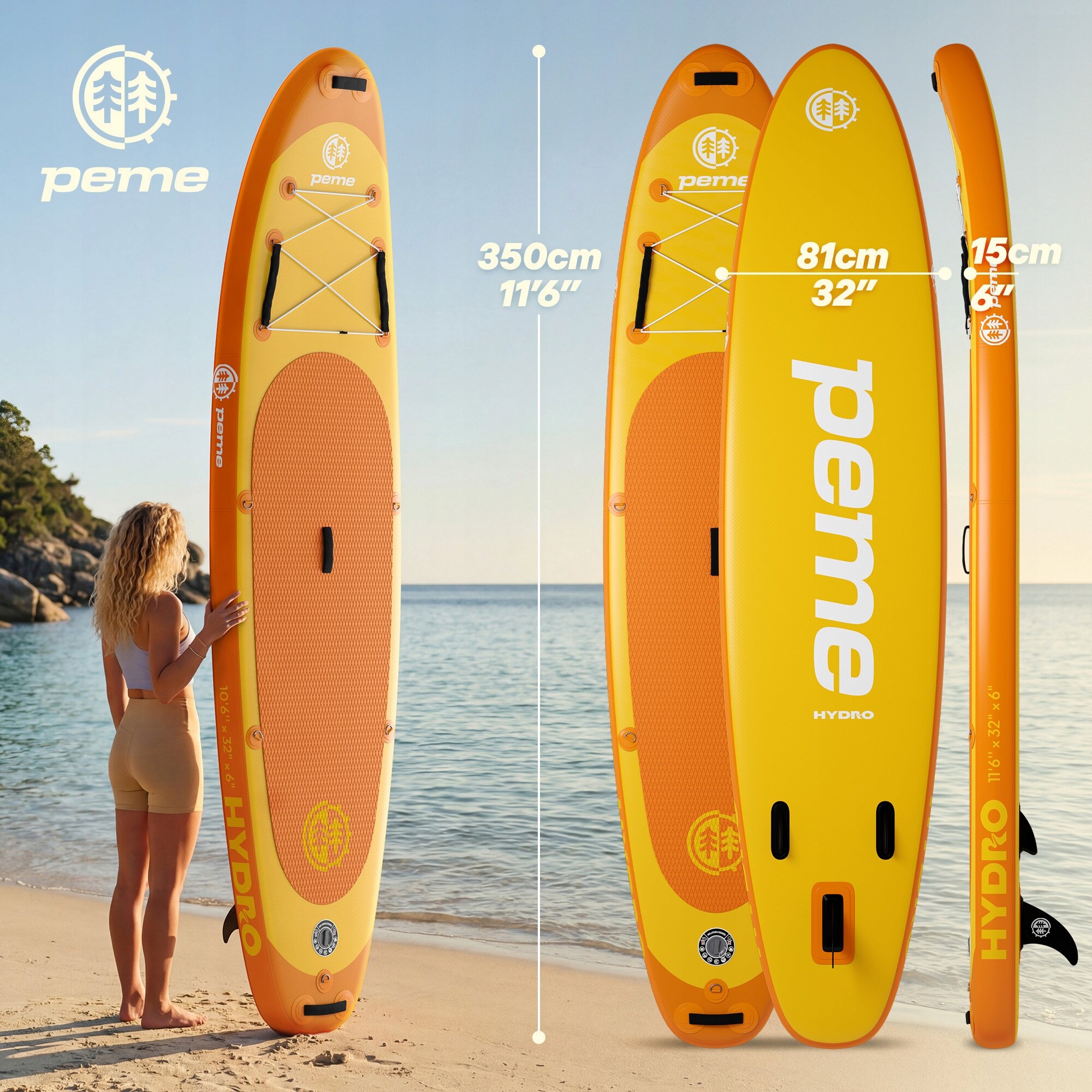 Na plaży stoi pompowana deska SUP w kolorze żółto-pomarańczowym z logo \'peme\' i napisem \'HYDRO\'. Obok deski widoczna jest osoba, a na desce znajdują się wymiary: 350 cm, 81 cm, 15 cm.