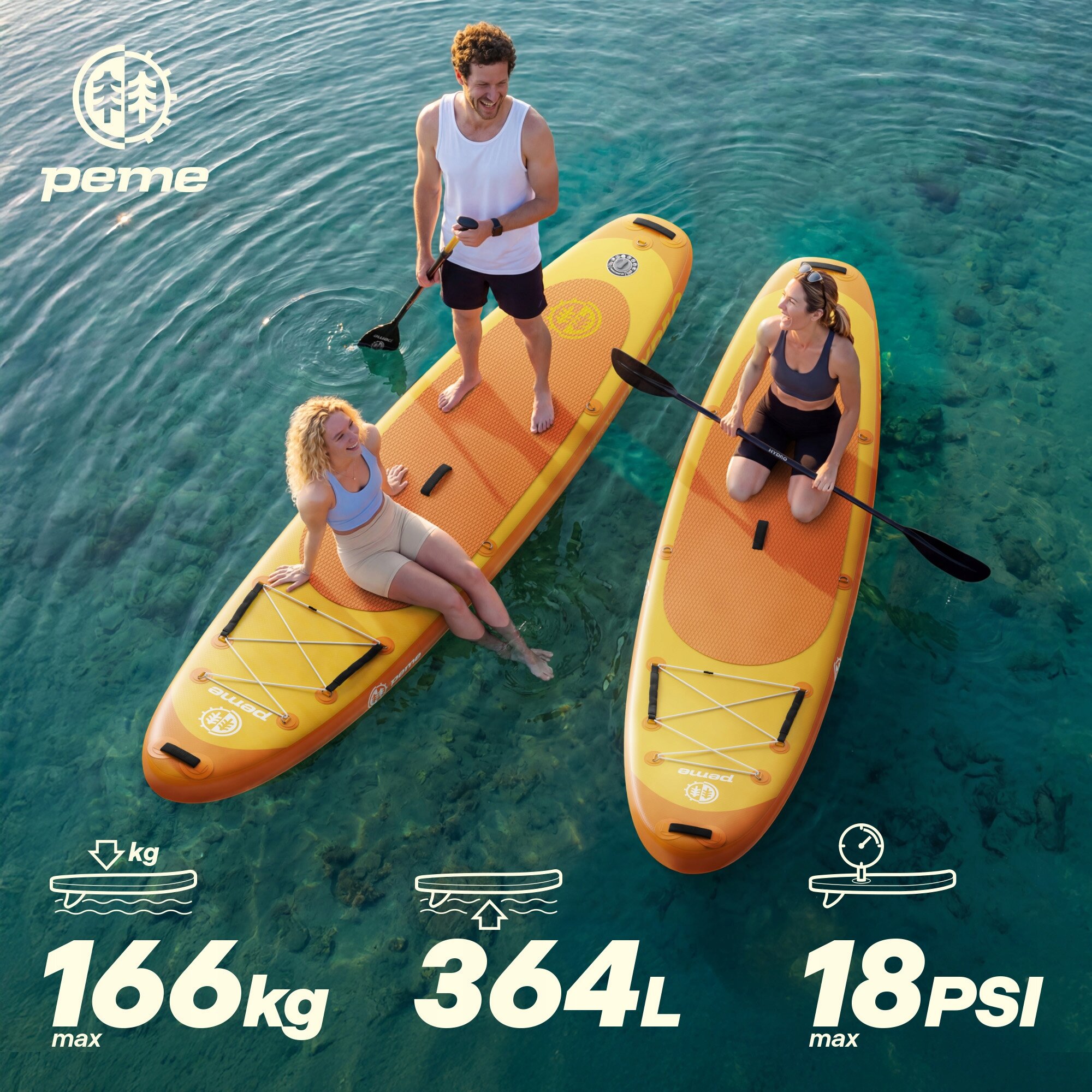 Na obrazie widać dwie pomarańczowe deski SUP na wodzie, na których znajdują się trzy osoby. Widoczne są napisy: \'peme\', \'166 kg max\', \'364 L\', \'18 PSI max\'.
