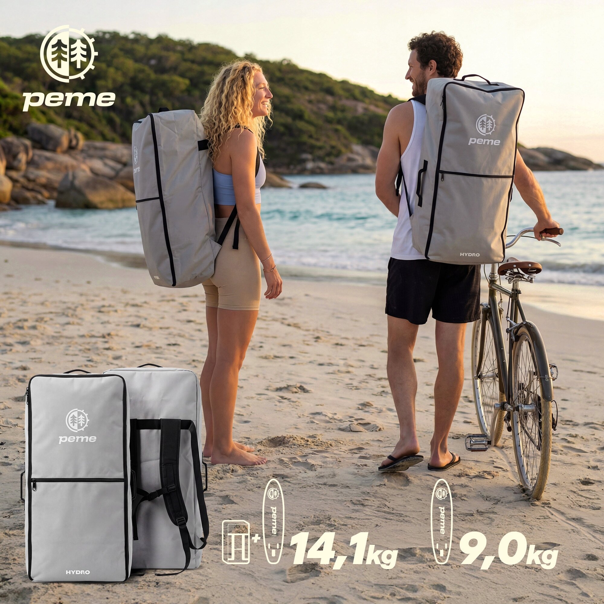 Dwie osoby stoją na plaży z dużymi plecakami z logo \'peme\' i napisem \'HYDRO\'. Na dole obrazu widoczne są plecaki oraz ikony z wagą 14,1 kg i 9,0 kg.