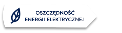 Biały prostokąt z niebieskim symbolem liścia po lewej stronie i tekstem \'OSZCZĘDNOŚĆ ENERGII ELEKTRYCZNEJ\'.