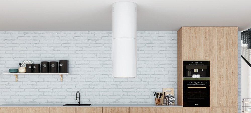 OKAP GLOBALO Heweno Isola 39.2 biały montaż przyścienny nad wyspą kolor biały stal nierdzewna jakość wygląd cicha praca wydajny