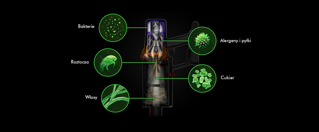 Grafika przedstawia schemat działania odkurzacza z zaznaczonymi elementami: Bakterie, Roztocza, Włosy, Alergeny i pyłki, Cukier. Każdy element jest opisany i połączony linią z centralnym obrazem odkurzacza.