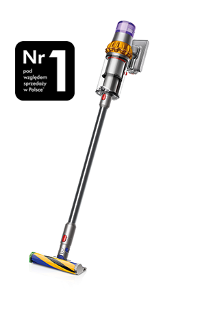 Na obrazie widoczny jest odkurzacz pionowy z kolorowym elementem na końcu ssawki. Obok znajduje się czarny prostokąt z białym napisem: \'Nr 1 pod względem sprzedaży w Polsce\'.