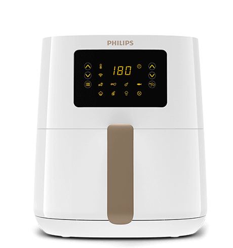 Biała frytkownica beztłuszczowa z wyświetlaczem cyfrowym pokazującym liczbę 180 oraz różnymi ikonami funkcji. Na górze widoczne jest logo PHILIPS.