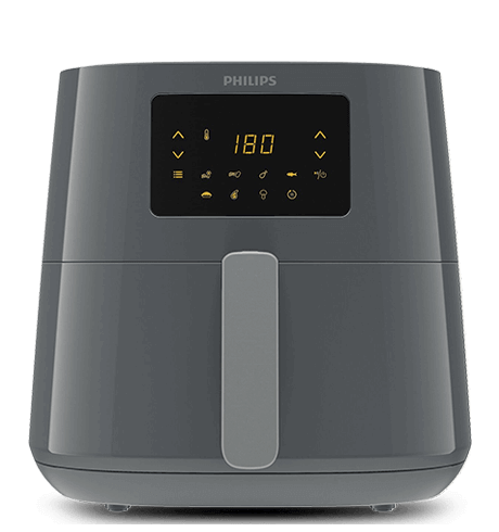 Na obrazie widoczna jest frytkownica beztłuszczowa z wyświetlaczem cyfrowym, na którym pokazana jest liczba 180 oraz kilka ikon. Na górze urządzenia znajduje się logo PHILIPS.