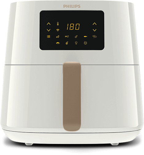 Biała frytkownica beztłuszczowa z wyświetlaczem cyfrowym pokazującym liczbę 180 oraz różnymi ikonami funkcji. Na górze widoczne jest logo PHILIPS.