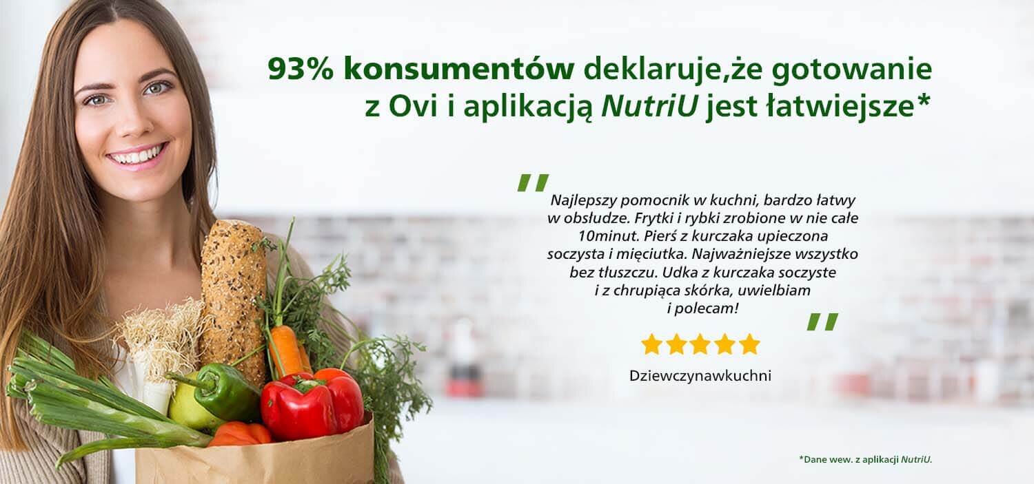 Kobieta trzymająca torbę z warzywami stoi obok tekstu: \'93% konsumentów deklaruje, że gotowanie z Ovi i aplikacją NutriU jest łatwiejsze*\'. Obok znajduje się opinia użytkownika o produkcie oraz pięć gwiazdek oceny.
