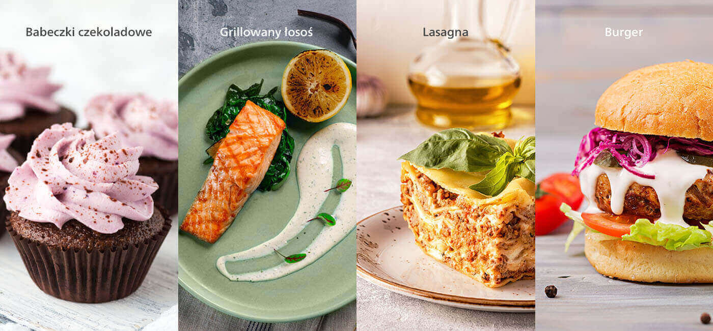 Obraz przedstawia cztery różne potrawy: babeczki czekoladowe, grillowanego łososia, lasagnę i burgera. Każda potrawa jest podpisana odpowiednim tekstem: \'Babeczki czekoladowe\', \'Grillowany łosoś\', \'Lasagna\', \'Burger\'.