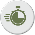 Ikona przedstawia zielony stoper na białym tle, z liniami sugerującymi ruch po lewej stronie.