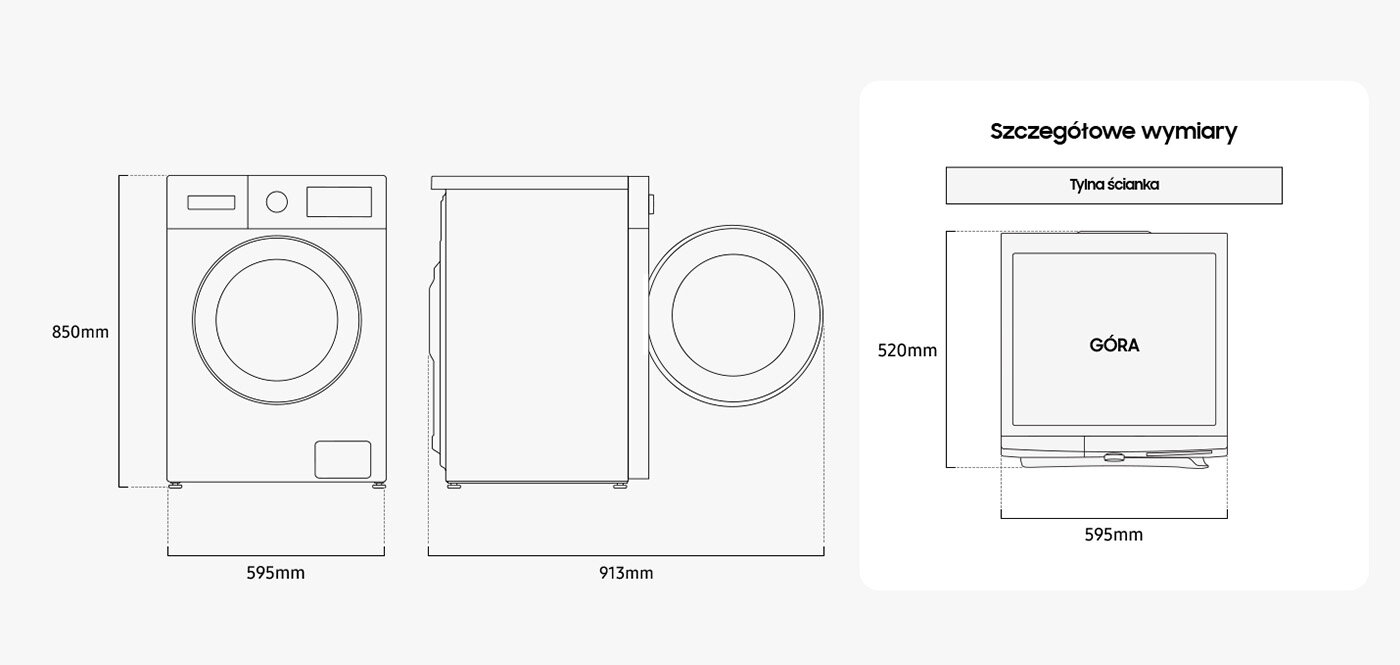 Schemat pralki z widokiem z przodu, z boku i z góry, z wymiarami: 850mm wysokości, 595mm szerokości i 913mm głębokości. Na schemacie widnieje tekst: \'Szczegółowe wymiary\', \'Tylna ścianka\', \'GÓRA\'.