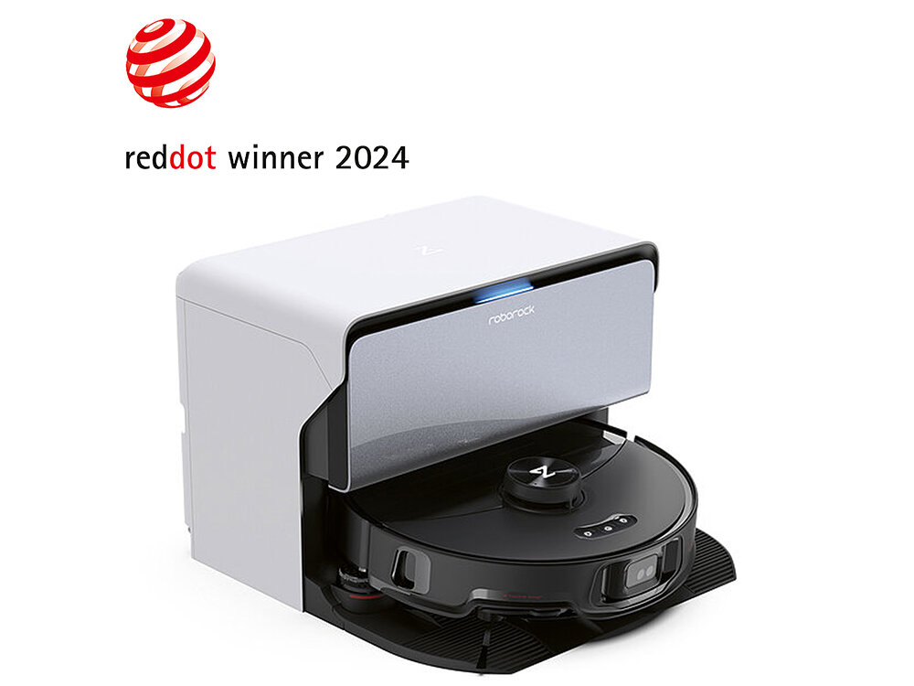 Na obrazie widoczny jest biały robot sprzątający w stacji dokującej z napisem \'roborock\'. Nad urządzeniem znajduje się tekst \'reddot winner 2024\'.