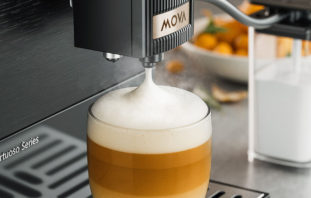 Ekspres MOVA Virtuoso 10 Pro Czarny Ciśnienie jak w kawiarni pompa generuje ciśnienie 19 barów System Inline Extraction kawa pionowy docisk jednolity krążek