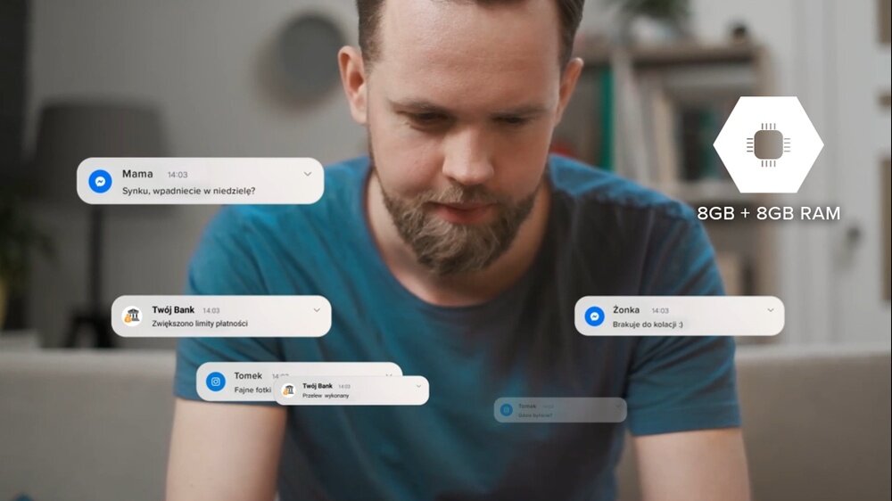 Mężczyzna patrzy na ekran, wokół niego unoszą się powiadomienia z tekstami: \'Mama: Synku, wpadniecie w niedzielę?\', \'Twój Bank: Zwiększono limity płatności\', \'Żonka: Brakuje do kolacji :)\', \'Tomek: Fajne fotki\'. Obok widoczna jest ikona procesora z napisem \'8GB + 8GB RAM\'.