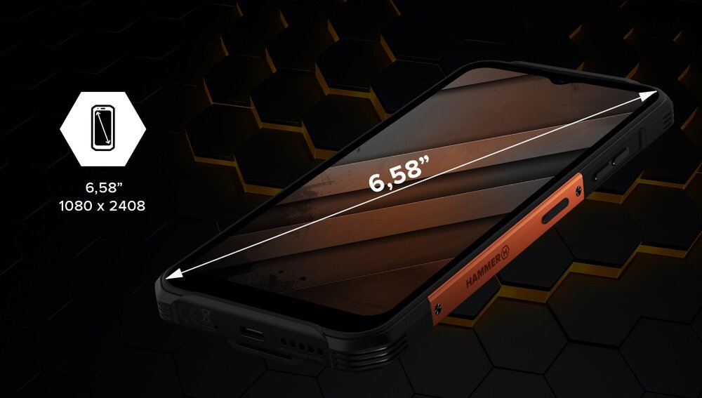 Obraz przedstawia smartfon z ekranem o przekątnej 6,58 cala i rozdzielczości 1080 x 2408. Na boku urządzenia widoczny jest napis \'HAMMER\'.