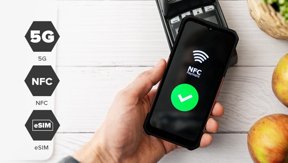 Osoba trzyma smartfon z wyświetlonym ekranem \'NFC Payment\' i zielonym znakiem potwierdzenia. Obok widoczne są ikony z napisami: \'5G\', \'NFC\', \'eSIM\'.