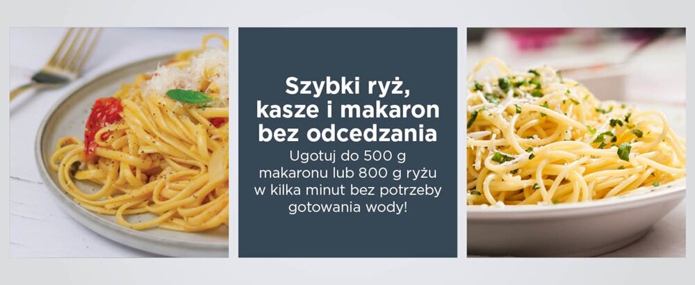 Obraz przedstawia dwa talerze z makaronem oraz tekst: \'Szybki ryż, kasze i makaron bez odcedzania. Ugotuj do 500 g makaronu lub 800 g ryżu w kilka minut bez potrzeby gotowania wody!\'.