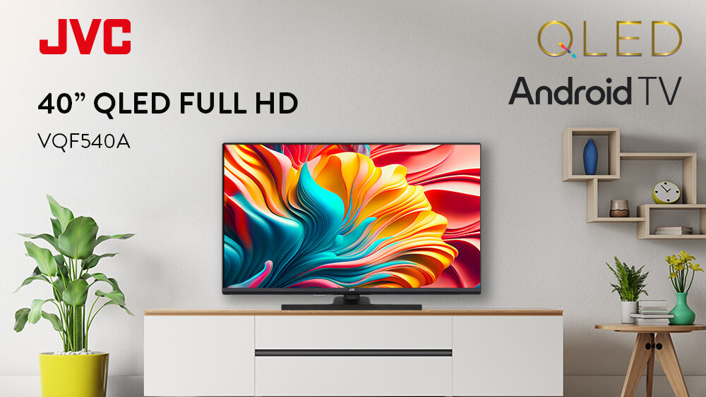 Telewizor JVC LT-40VQF540A - Kompaktowy telewizor QLED, telewizor stojący na komodzie w pomieszczeniu