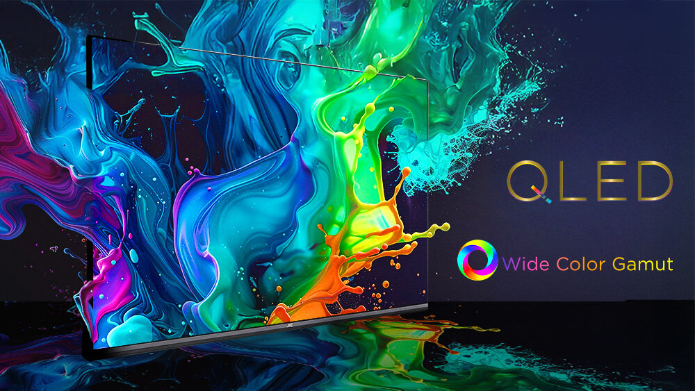 Telewizor JVC LT-40VQF540A - Dobry obraz i czerń, QLED, szeroka paleta barw, Wide Color Gamut, ramka telewizora pod skosem z którego wylewa się paleta kolorów