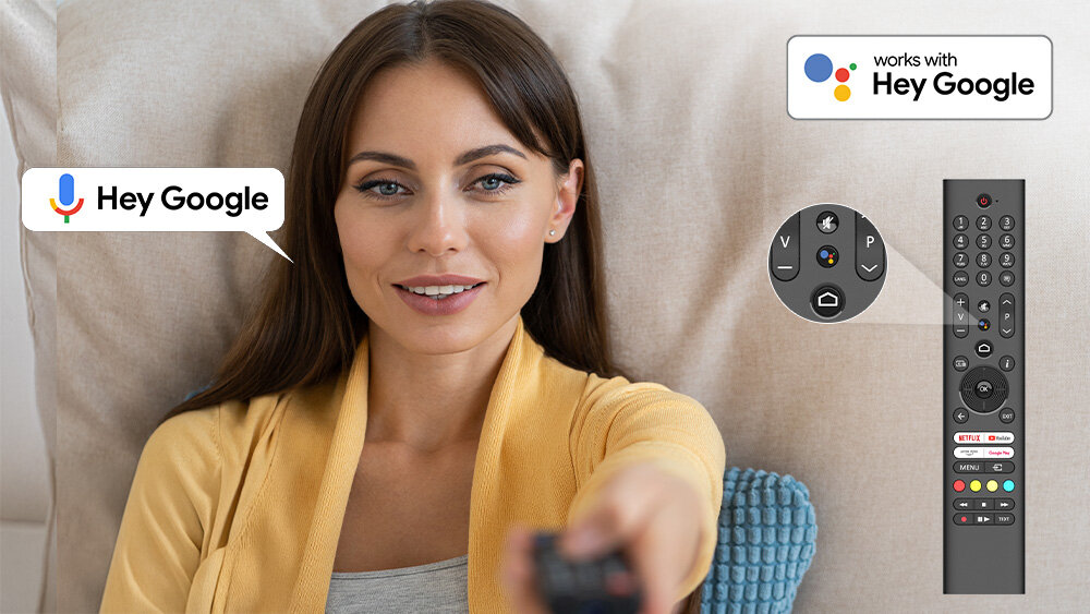 Telewizor JVC LT-40VQF540A - Asystent Google, komendy głosowe, mikrofon, pspba trzymająca pilota w ręku