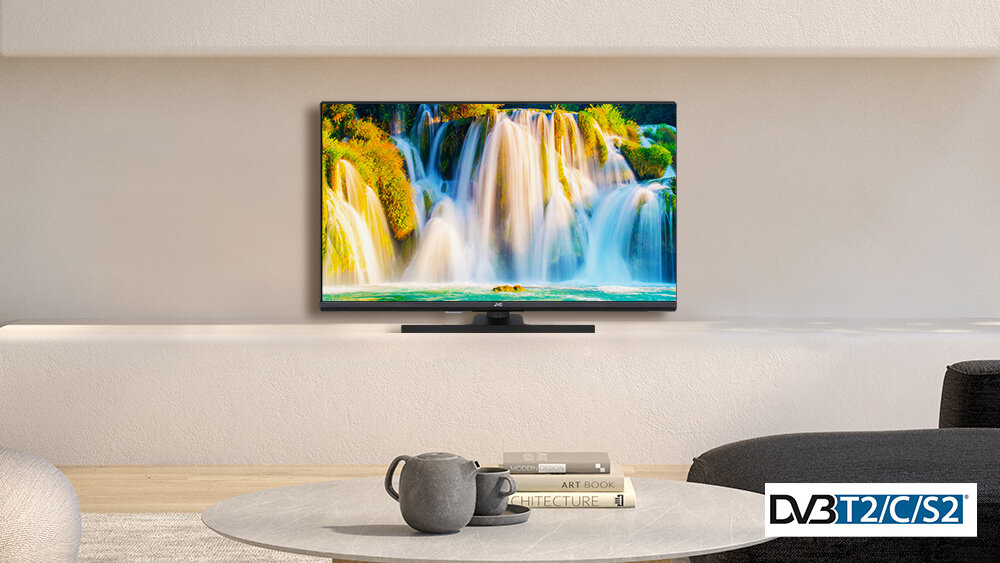 Telewizor JVC LT-40VQF540A - bez dodatkowych kosztów, tuner DVB-T2/C/S2, HEVC H.265, telewizor sotjący na postumencie w pomieszczeniu