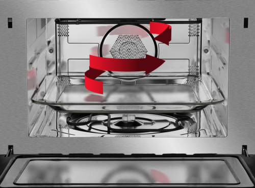 Wnętrze piekarnika z widocznym rusztem i palnikiem gazowym na dole. Na tylnej ścianie znajduje się czerwony symbol strzałki wskazujący cyrkulację powietrza.