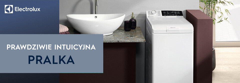 Obraz przedstawia białą pralkę obok umywalki na blacie. Na grafice widnieje logo Electrolux oraz tekst \'PRAWDZIWIE INTUICYJNA PRALKA\'.