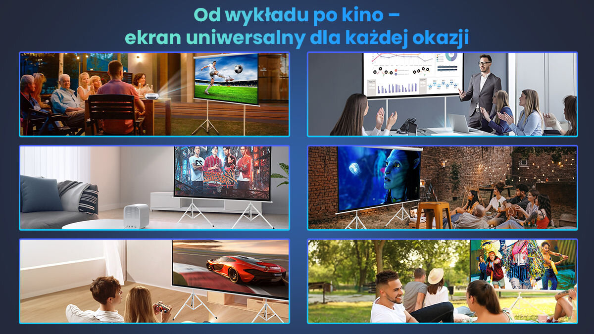 Obraz przedstawia sześć scen z ekranem projekcyjnym używanym w różnych sytuacjach, takich jak oglądanie sportu, prezentacje i kino plenerowe. Na górze widnieje tekst: \'Od wykładu po kino – ekran uniwersalny dla każdej okazji\'.