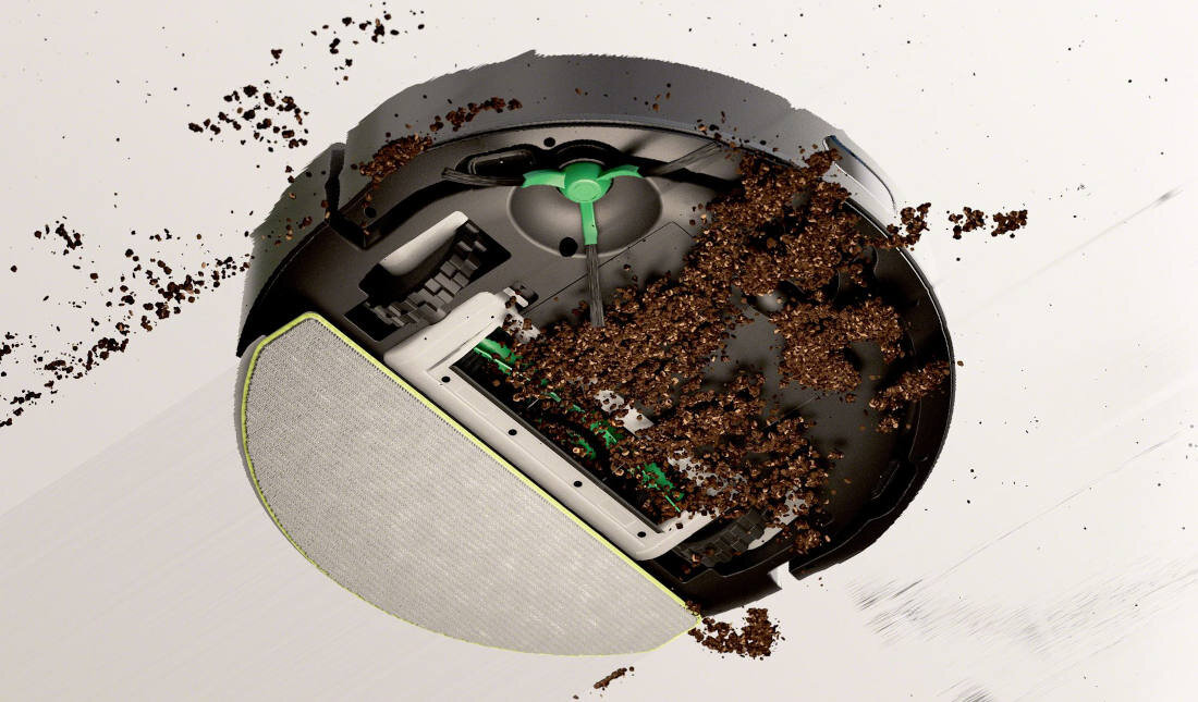 Robot sprzątający IROBOT Roomba Combo 105 AutoEmpty Czarny skuteczność sprzątania silnik moc usuwa kurz i zabrudzenia Gumowa szczotka główna z włosiem boczna szczotka nakładka mopująca z mikrofibry