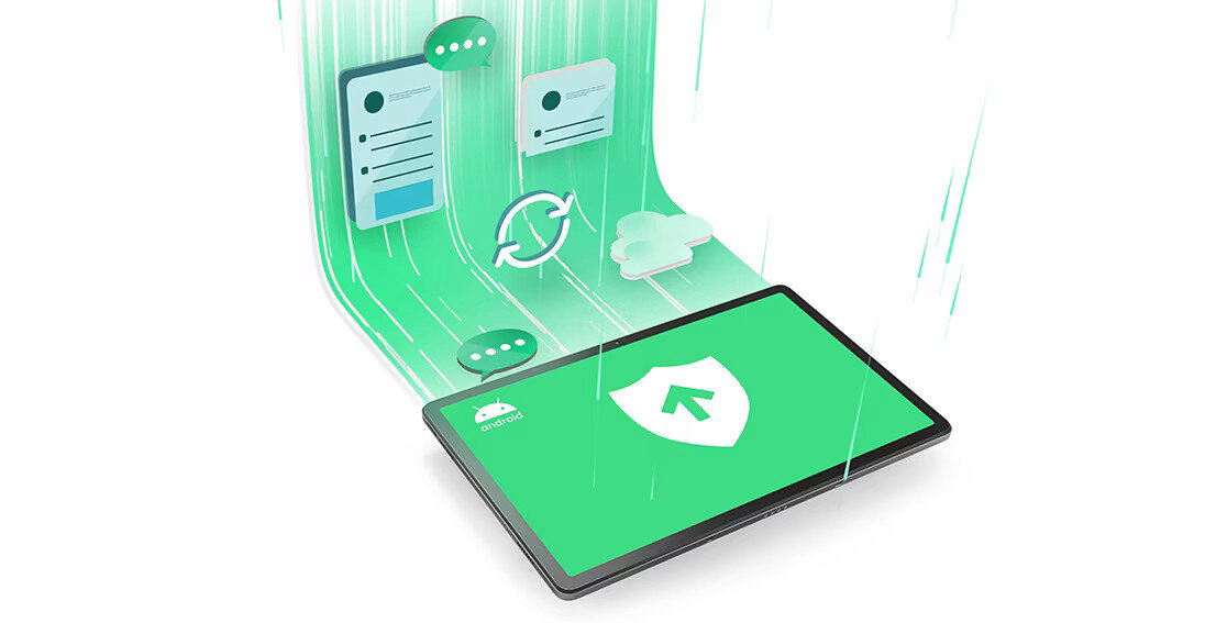 Obraz przedstawia tablet z wyświetlaczem, na którym widoczna jest zielona tarcza z białą strzałką skierowaną w górę oraz napis \'ANDROID\'. W tle unoszą się ikony chmury, synchronizacji i wiadomości na zielonym tle.