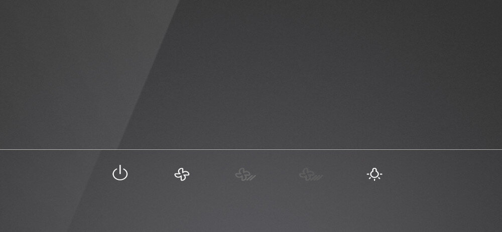 Panel sterowania z pięcioma ikonami: włącznik, trzy poziomy prędkości wentylatora i oświetlenie. Tło jest ciemne, a ikony są białe.