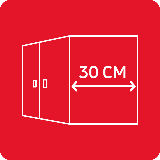 Czerwona ikona przedstawiająca szafkę z otwartymi drzwiami i strzałką z napisem \'30 CM\'.