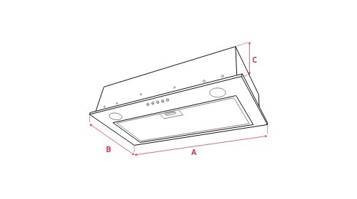 Schematyczny rysunek okapu kuchennego z oznaczeniami wymiarów A, B i C. Widoczne są przyciski sterujące oraz dwa okrągłe elementy, prawdopodobnie oświetlenie.