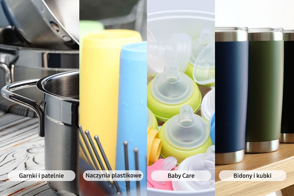 Obraz przedstawia cztery kategorie produktów: garnki i patelnie, naczynia plastikowe, Baby Care oraz bidony i kubki. Każda kategoria jest zilustrowana odpowiednim zdjęciem produktów.