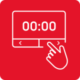 Czerwony kwadrat z białą ikoną przedstawiającą ekran z wyświetlaczem \'00:00\' oraz ręką wskazującą na przycisk pod ekranem.