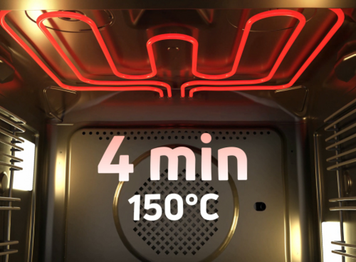 Wnętrze piekarnika z widoczną czerwoną grzałką na górze. Na obrazie znajduje się tekst: \'4 min 150°C\'.