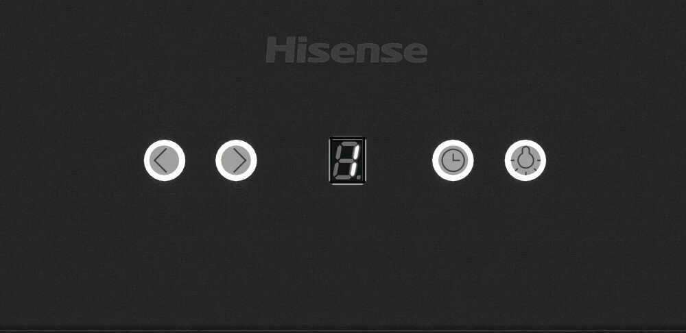 Panel sterowania z logo Hisense, wyświetlaczem cyfrowym pokazującym cyfrę 3 oraz czterema przyciskami z ikonami strzałek, zegara i kropli.