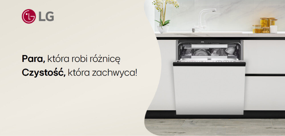 Obraz przedstawia otwartą zmywarkę w zabudowie kuchennej z widocznymi naczyniami w środku. Po lewej stronie znajduje się logo LG oraz tekst: \'Para, która robi różnicę Czystość, która zachwyca!\'.