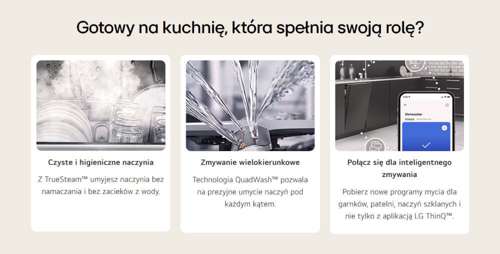 Obraz przedstawia trzy sekcje z opisami funkcji zmywarki. Tekst: \'Gotowy na kuchnię, która spełnia swoją rolę?\', \'Czyste i higieniczne naczynia\', \'Z TrueSteam™ umyjesz naczynia bez namaczania i bez zacieków z wody.\', \'Zmywanie wielokierunkowe\', \'Technologia QuadWash™ pozwala na precyzyjne umycie naczyń pod każdym kątem.\', \'Połącz się dla inteligentnego zmywania\', \'Pobierz nowe programy mycia dla garnków, patelni, naczyń szklanych i nie tylko z aplikacją LG ThinQ™.\'