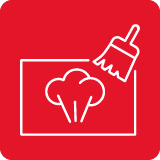 Czerwona ikona przedstawiająca symbol pary i szczotki, sugerująca funkcję czyszczenia parowego.